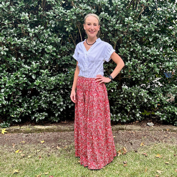 Red Floral Lady's Maxi Skirt – Pleats and Stitches
