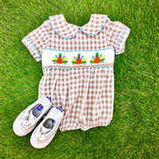 Turkey Smocked Boy's Bubble in Tan Gingham