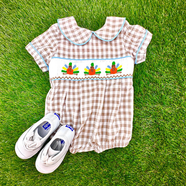 Turkey Smocked Boy's Bubble in Tan Gingham