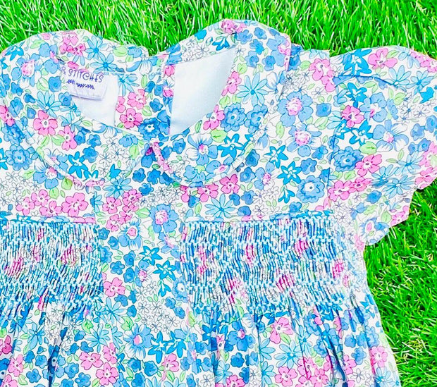 Smocked Charlotte Bubble Romper- Blue Floral Liberty Print