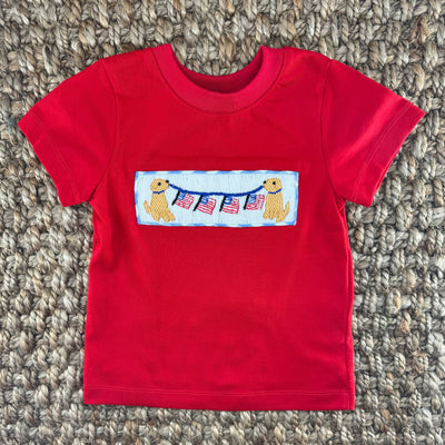 Flag Smocked Knit Shirt with Puppies in Red! (shorts sold separately)