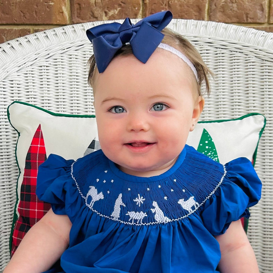 Blue Nativity Christmas Smocked Bishop Dress – Pleats and Stitches