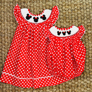 Smocked Mouse Ears Bishop Dress in Red Polka Dot