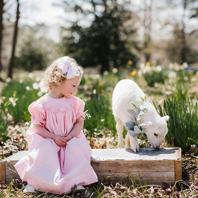 【ArimCloset】lace ribbon point clorful flower baby dress Pink Smocked Heirloom Dress with Ribbons on the Sleeves