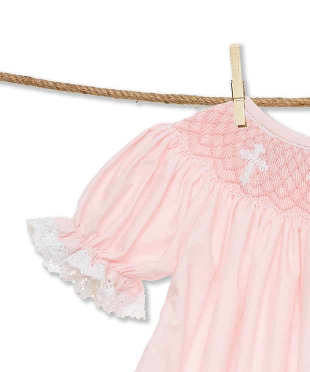 Smocked Cross Bishop Dress - Pink with Lace