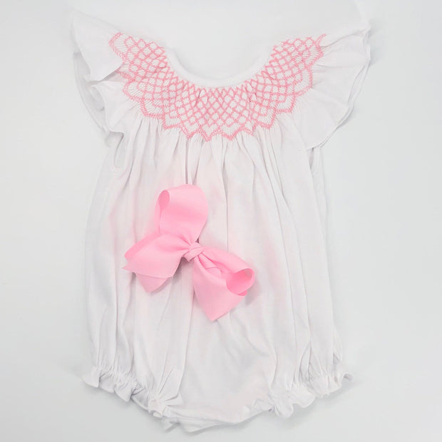 Smocked Knit Baby Romper - Pink Smocking on white