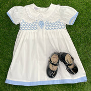 Smocked and Embroidered Collared Cross Dress - White with Blue Cross