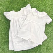 Smocked White Heirloom Shortall with white stitching