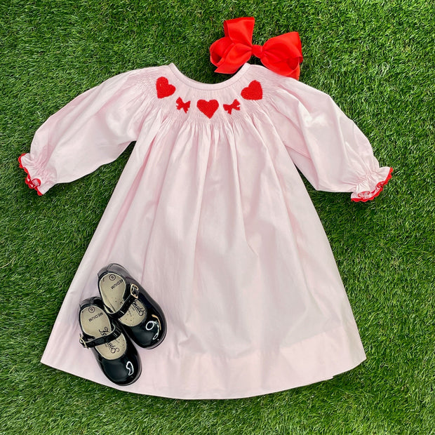 Valentine Smocked Dress - Long-Sleeve with Red Hearts