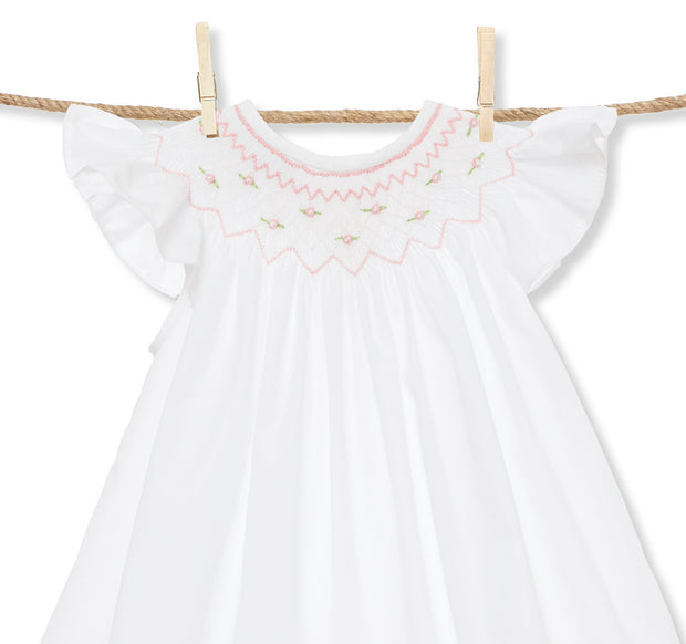 White Smocked Rosette flutter sleeve Dress