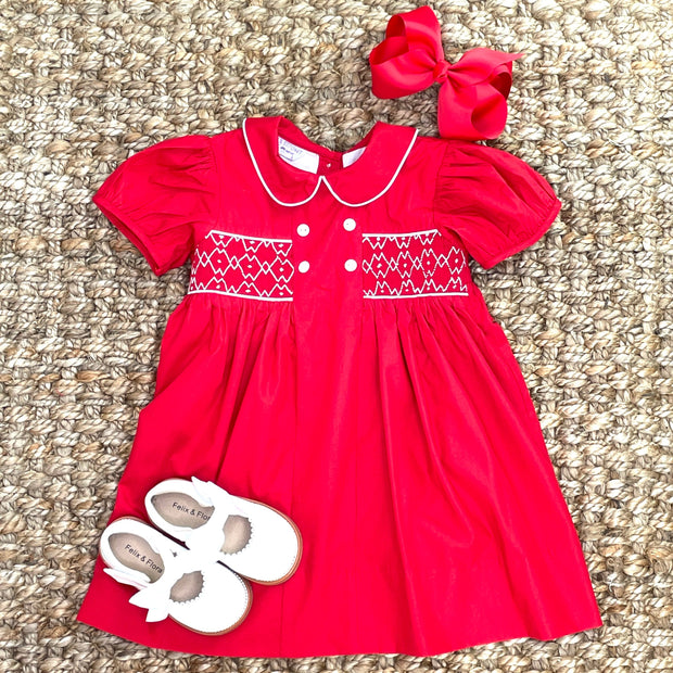 Smocked Charlotte Dress- Red Classic Pleats and Stitches Smocked Charlotte Dress- Red Classic Pleats and Stitches