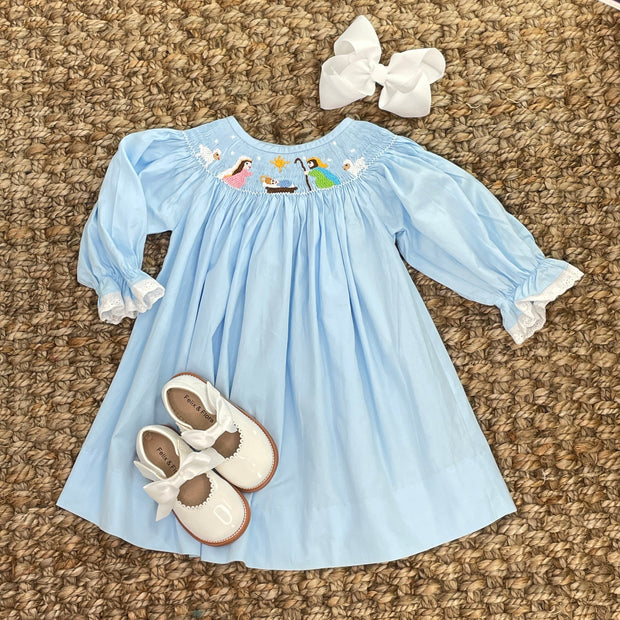 frozen smocked dress Nativity Christmas Smocked Bishop Dress in Light Blue