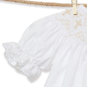 White Smocked Cross Bishop Dress - White with Cream crosses