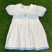 Smocked and Embroidered Collared Cross Dress - White with Blue Cross