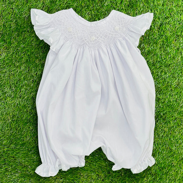 Heirloom White Smocked Romper with White Stitching