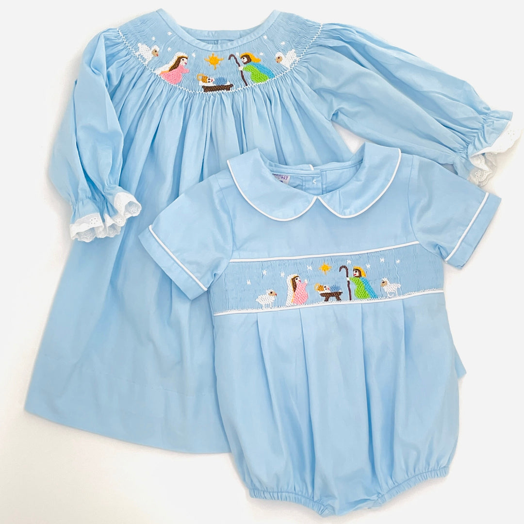 Nativity Christmas Smocked Bishop Dress in Light Blue Pleats and Stitches Nativity Christmas Smocked Bishop Dress in Light Blue Pleats and Stitches
