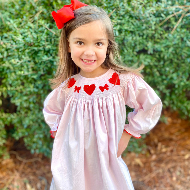 Valentine Smocked Dress - Long-Sleeve with Red Hearts