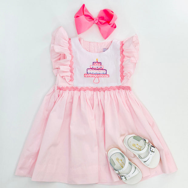 Birthday Smocked and Embroidered Dress in Pink