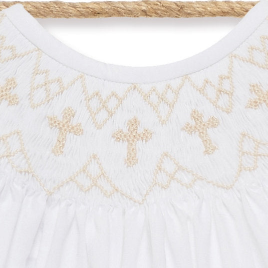 White Smocked Cross Bishop Dress - White with Cream crosses