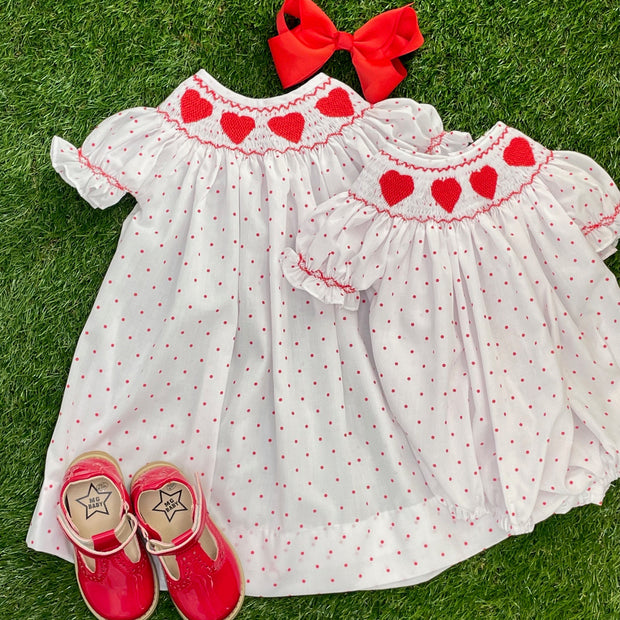 Valentine Smocked Dress - Red hearts on Polka Dots Valentine Smocked Dress - Red hearts on Polka Dots