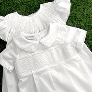Smocked White Heirloom Shortall with white stitching