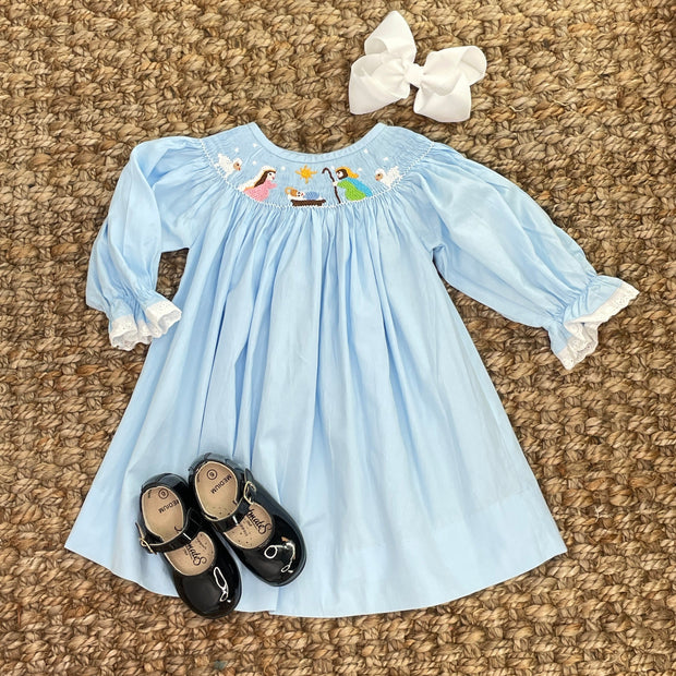 Nativity Christmas Smocked Bishop Dress in Light Blue Pleats and Stitches Nativity Christmas Smocked Bishop Dress in Light Blue Pleats and Stitches