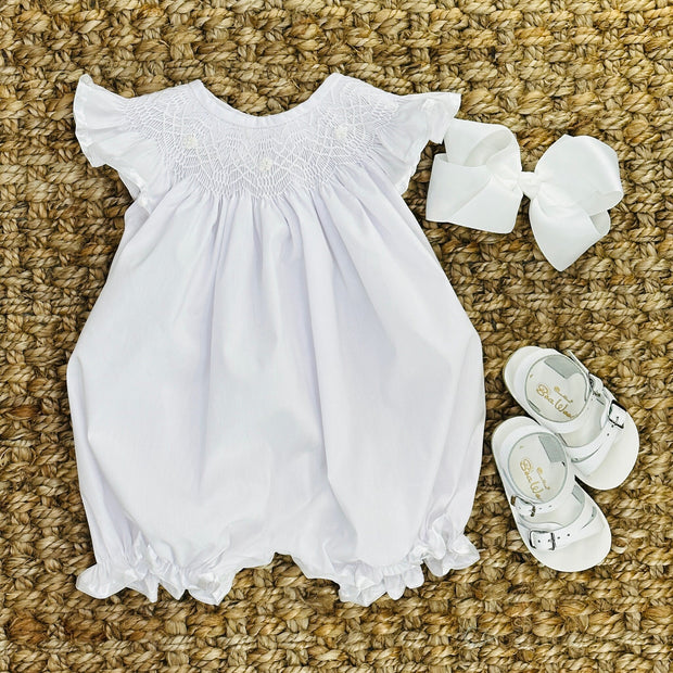 Heirloom White Smocked Romper with White Stitching