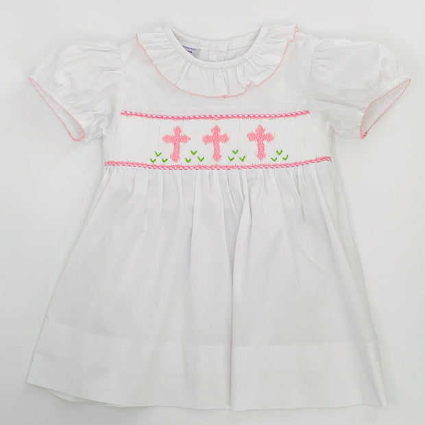Smocked Cross ruffle Dress - white with pink crosses