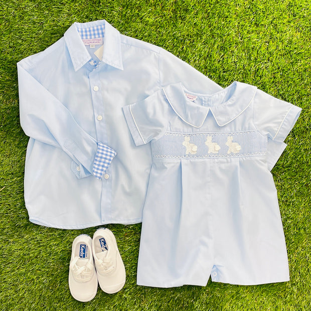 Classic Solid Blue Oxford Shirt with blue gingham accents