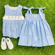 Easter Bunny Smocked Boy's Bubble in Blue Gingham