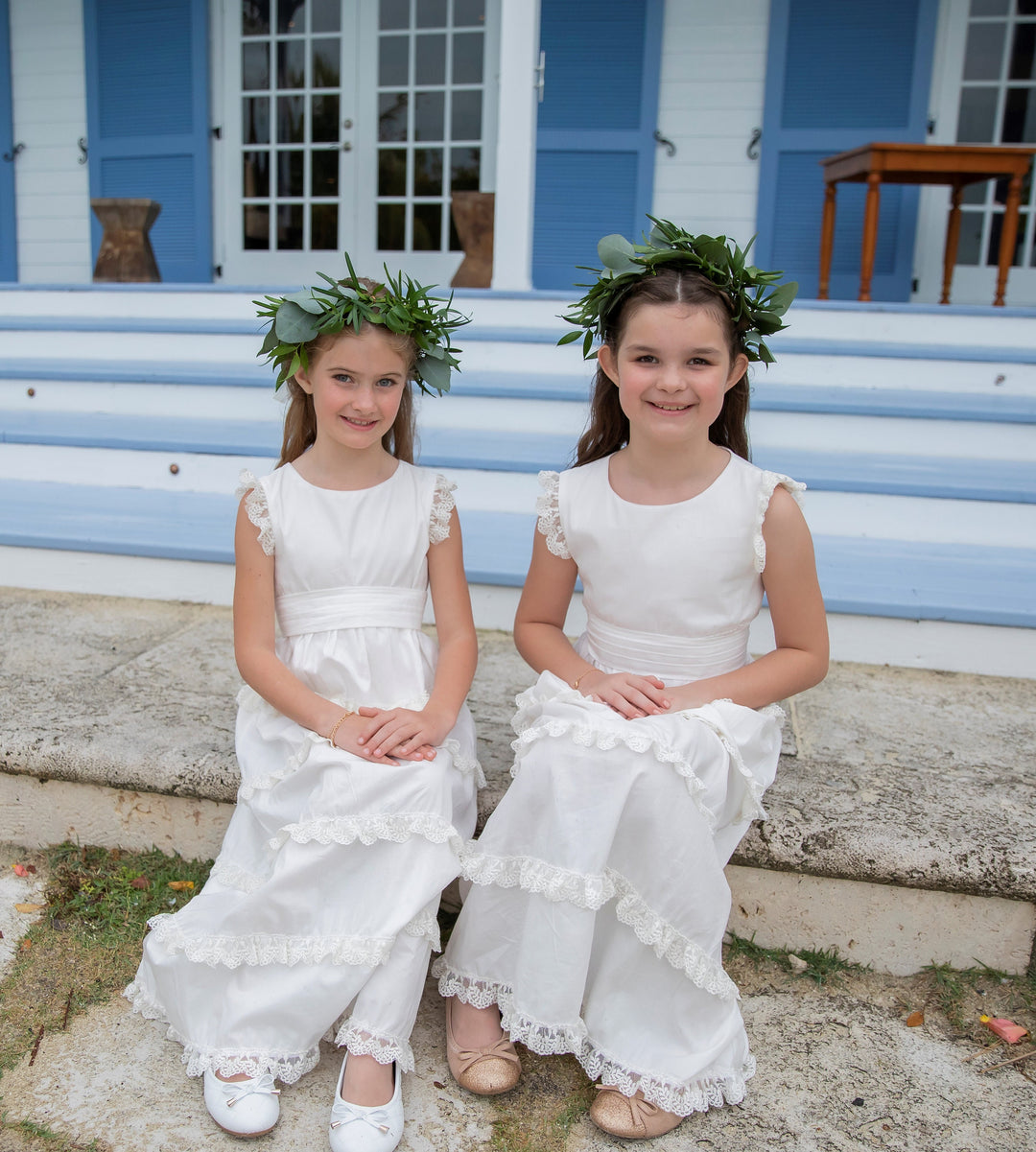 Tiered Ivory lace Heirloom Dress Pleats and Stitches