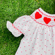 Valentine Smocked Dress - Red hearts on Polka Dots