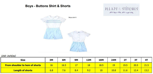 Heirloom Smocked Shirt with button on Shorts in Blue