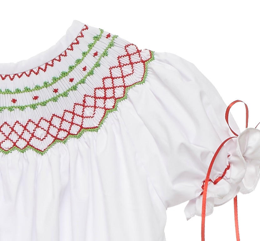 White Classic Smocked Christmas Bishop Dress with Ribbons 10 White Classic Smocked Christmas Bishop Dress with Ribbons 10