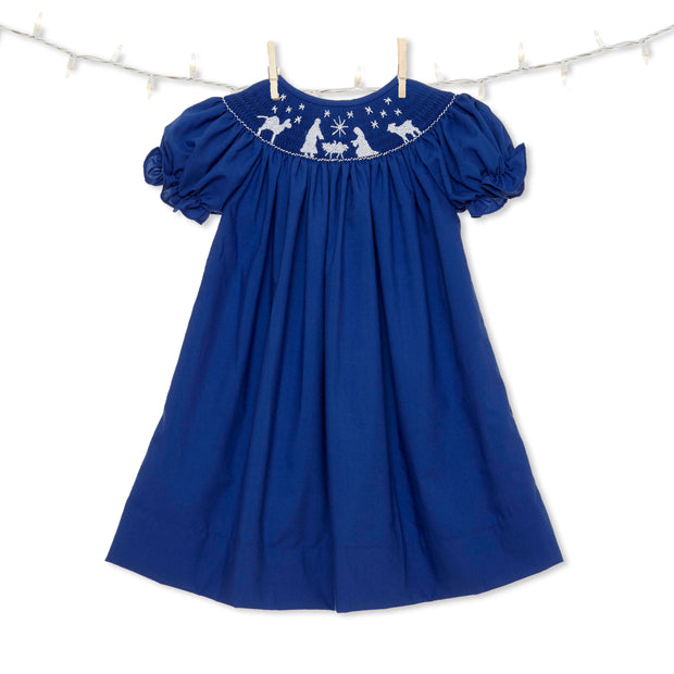 Blue Nativity Christmas Smocked Bishop Dress