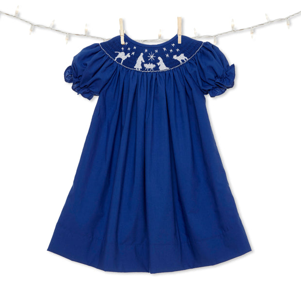 Blue Nativity Christmas Smocked Bishop Dress 9m