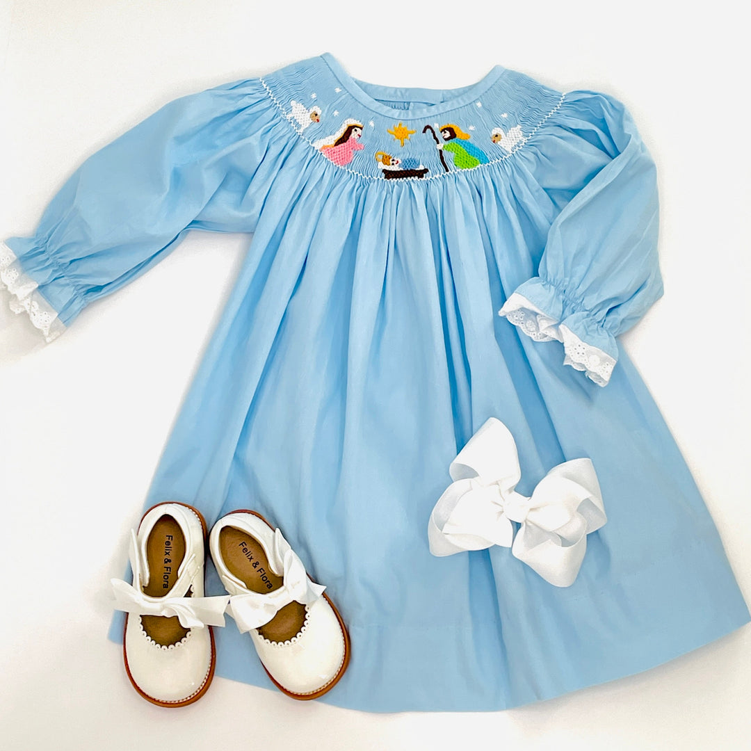 Nativity Christmas Smocked Bishop Dress in Light Blue Pleats and Stitches Nativity Christmas Smocked Bishop Dress in Light Blue Pleats and Stitches