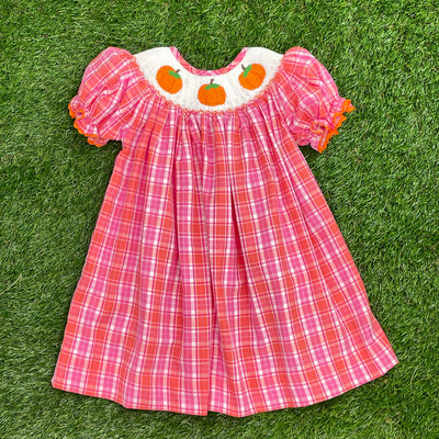 Smocked Pumpkin Bishop Dress in pink plaid