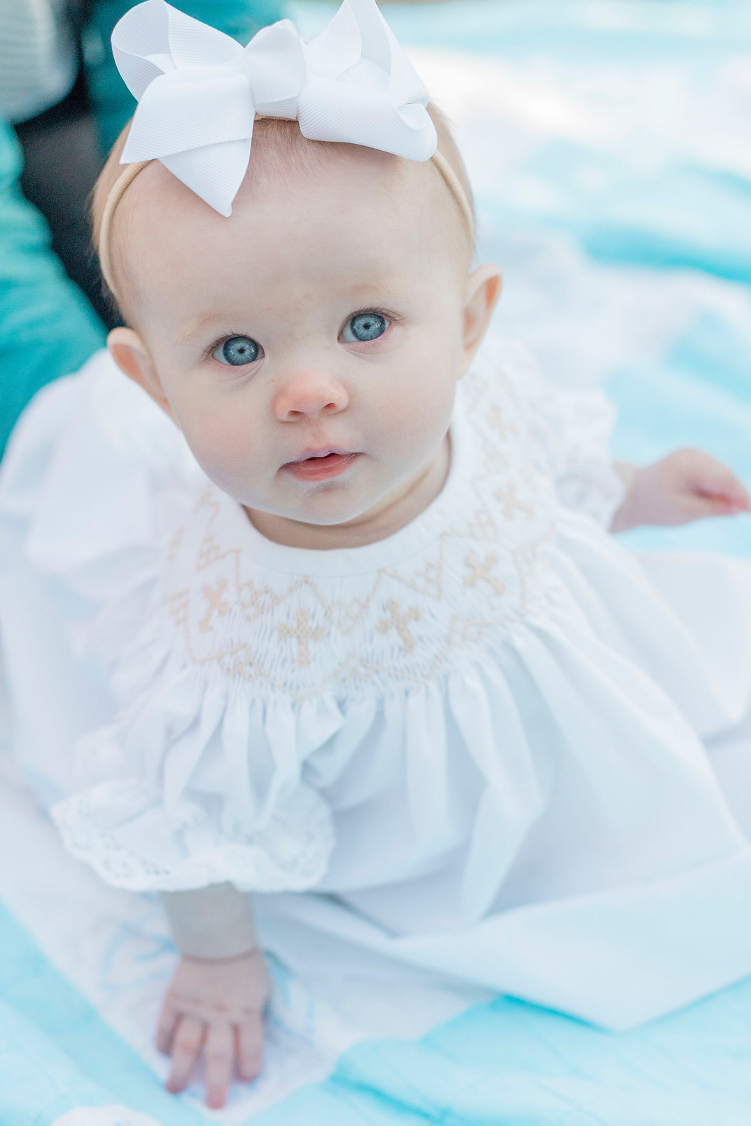 White Smocked Cross Bishop Dress - White with Cream crosses Pleats and Stitches White Smocked Cross Bishop Dress - White with Cream crosses Pleats and Stitches
