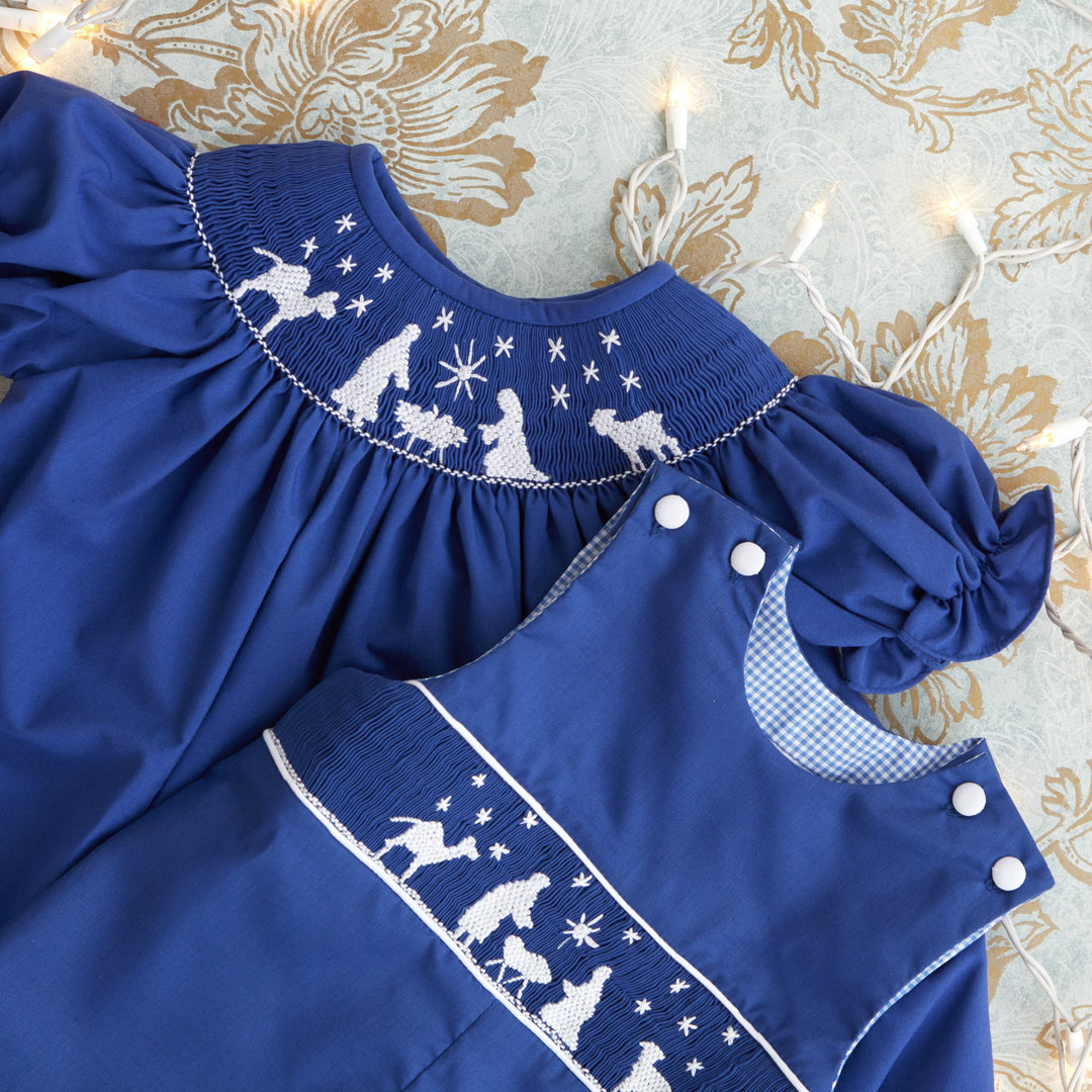 christmas nativity smocked dress Navy Blue Nativity Smocked Christmas Dress