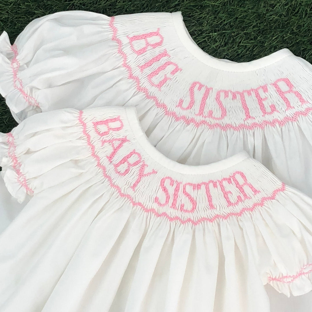 Pink Big Sister Smocked Bishop Dress Pleats and Stitches