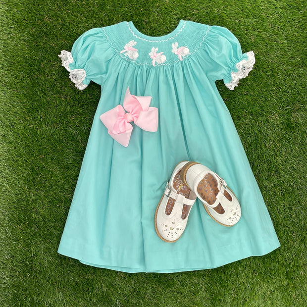 Easter Bunny Smocked Dress in Mint – Pleats and Stitches
