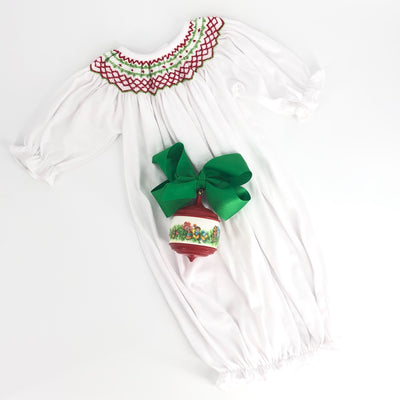 Christmas Smocked Layette Knit Gown