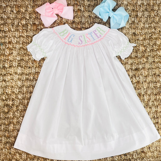 white dress better sister Pastel Colors Big Sister Smocked Bishop Dress