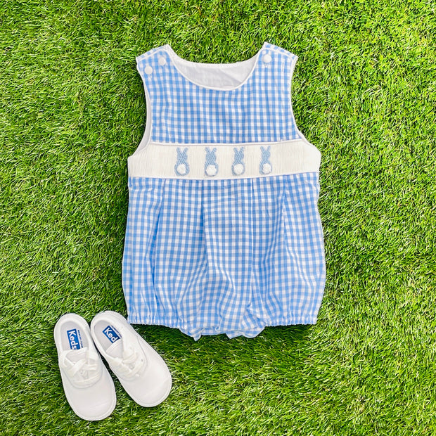 Easter Bunny Smocked Boy's Bubble in Blue Gingham