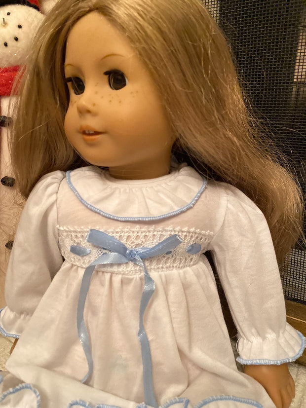 Matching Clara doll nightgown with blue ribbon - Fits American Girl doll