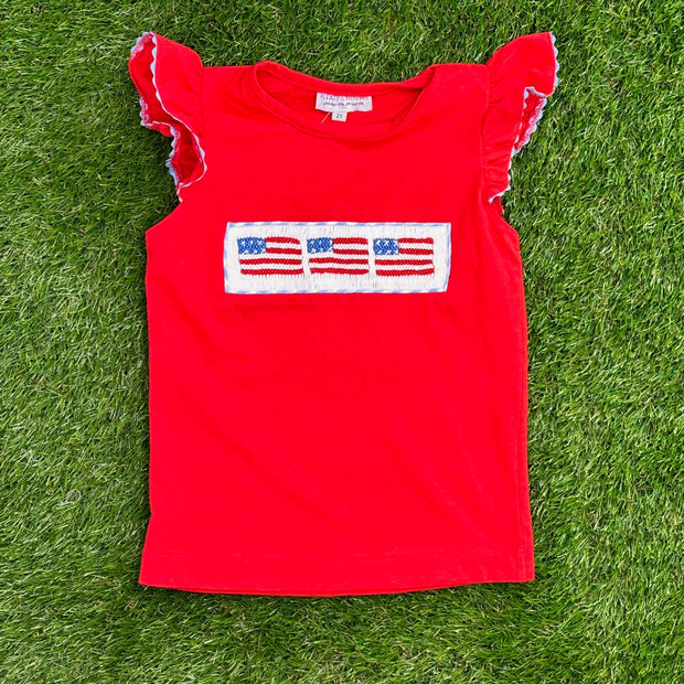 Flag Smocked Girl's Knit Shirt in Red