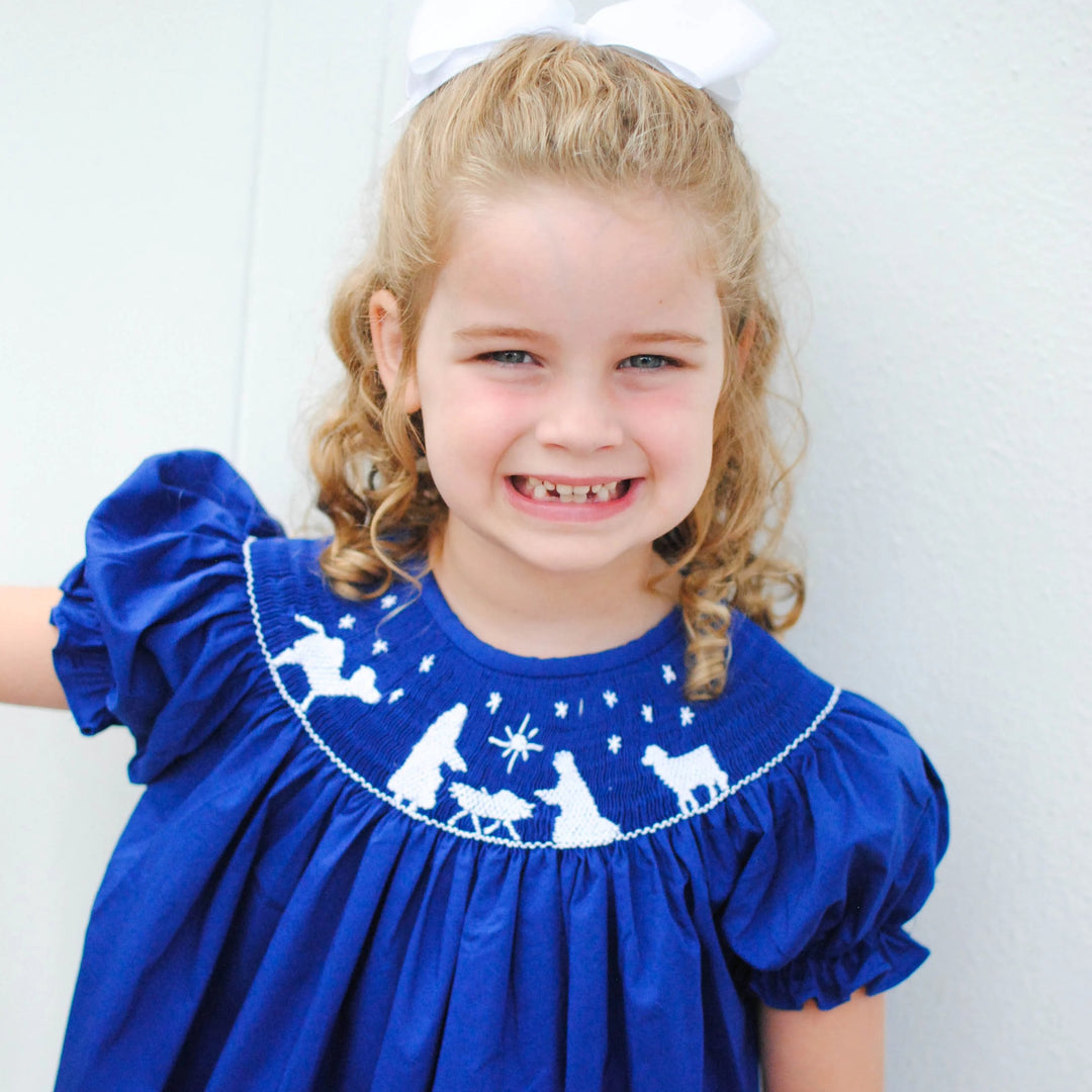 Blue Nativity Christmas Smocked Bishop Dress – Pleats and Stitches Blue Nativity Christmas Smocked Bishop Dress – Pleats and Stitches