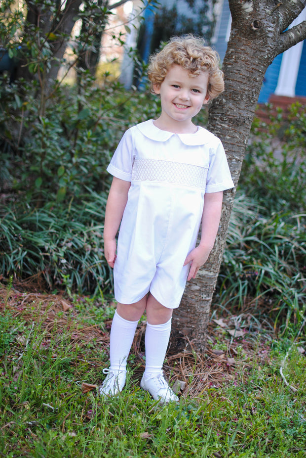 Smocked heirloom shortall - white with cream stitching