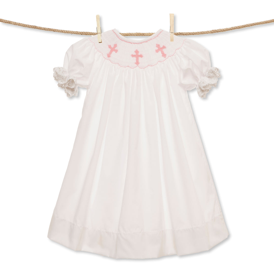 Smocked Cross Bishop Dress - White with Pink Crosses Pleats and Stitches Smocked Cross Bishop Dress - White with Pink Crosses Pleats and Stitches